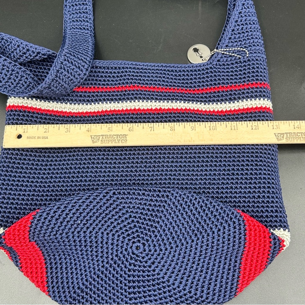 The Sak Hand Crocheted Navy Stripe Shoulder Bag Bali Made Lined Boho Casual - Picture 8 of 10